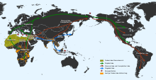 Dispersal of the proboscideans against the background of today's world map; the deinotheria that colonized Eurasia from Africa are omitted.