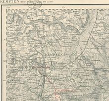 Kempten in 1836 before the first incorporations, the railway lines were added in 1851/53: the town of Kempten outlined in green, surrounded by the rural communities of St. Lorenz and Sankt Mang