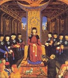 Cavalerii Ospitalieri: așezat este Grand Maistre (Marele Maestru) Pierre d'Aubusson.  
