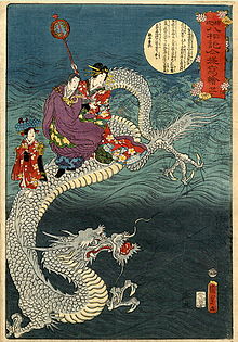Bouddha chevauchant un dragon japonais, peinture de l'artiste Utagawa Kunisada (1860).