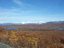 Alaska Range -vuoriston järvet ja huiput Denali Highwaylta katsottuna.
