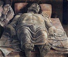 Andrea Mantegna "Rauda dėl mirusio Kristaus". Šio paveikslo perspektyva - iš kampinio taško virš paveikslo objekto, link jo galvos, nes jis guli horizontaliai. Dailininkas, norėdamas sukurti tinkamus matmenis, kad atitiktų kampą, naudoja aukštyn nukreiptą fokusavimą.