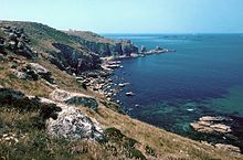 Land's End and the offshore shoals with the Longship lighthouse
