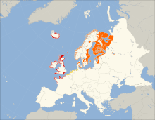 Breeding distribution and subspecies of Herring Gull. Dark red: L. a. argenteus, Orange: L. a. argentatus, Yellow: Overlap area of both subspecies.