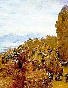 Representación artística del lögberg (roca de la ley) en Thingvellir.