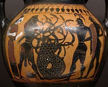 Athena, Herakles, krabban, hydran, Iolaos och en oidentifierad figur (möjligen Zeus) på en amfora från 540-2020.  