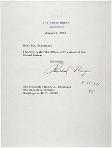 Nixonův rezignační dopis, 9. srpna 1974.