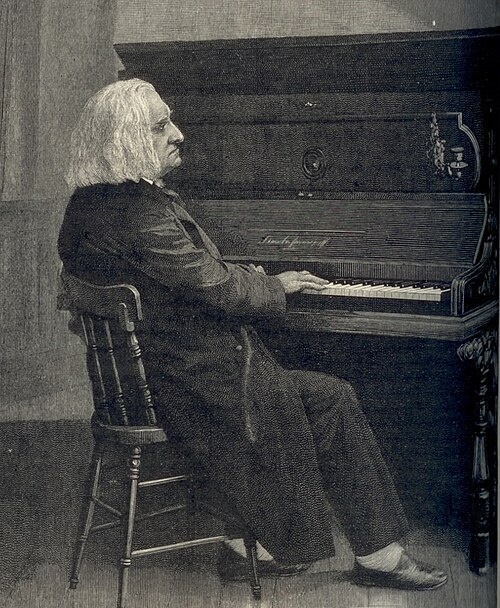 Liszt ved klaver, 1886. Gravering baseret på et gammelt fotografi.