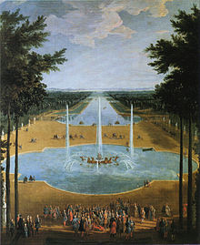 Ludwig XIV. (im Rollstuhl, Vordergrund) am Apollo-Brunnen