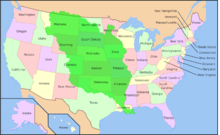 Et kort over Louisianakøbet sammenlignet med statsgrænserne i 2008. Louisiana-købet er vist med grønt over de stater, der ville blive dannet ud fra det.
