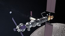 Umelecký obrázok budúcej vesmírnej stanice na Mesiaci. NASA ju nazvala "Mesačná brána".