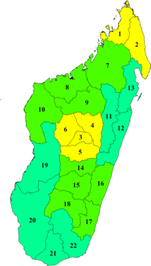 Kartta Madagaskarin alueista ja entisistä Madagaskarin maakunnista.  