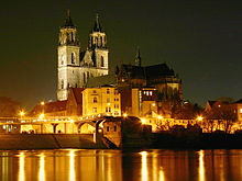 The landmark of the city, the Magdeburg Cathedral, with a view over the river Elbe