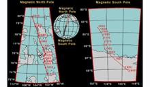 Mișcarea polului magnetic nordic. Se preconizează că va trece pe lângă polul geografic nordic și își va continua drumul spre Siberia