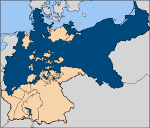 Prussia with its territorial gains from the German War of 1866 (dark blue) in the borders of the German Empire of 1871