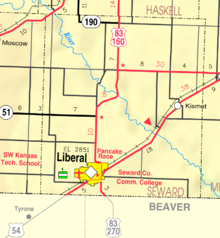La US 270 comienza en Liberal, Kan, y sale del estado a tres millas al sur de allí.