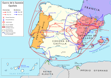 Campaigns during the war; arrows characterize the military advances, red line Habsburgs, blue lines Bourbons