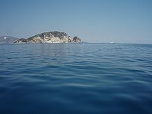 The island of Marathonisi in the bay of Laganas, west side of the island in view