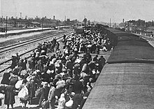 Die Rampe in Birkenau. Die Schornsteine der Krematorien II und III am Horizont