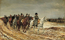 Napoleón, montado, haciendo campaña en Francia en 1814, con un abrigo gris.