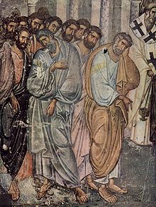 Detail from Dormition of the Mother of Mary (ca. 1265) fresco in Sopoćani (Serbia), the main work of late Byzantine fresco painting.