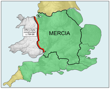 La extensión de Mercia durante la Supremacía Merciana, mostrando la línea del Dique de Offa (rojo)