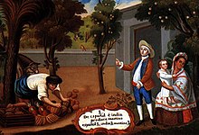 Obrazek z kolonialnej Ameryki Południowej pokazuje, że metysi są dziećmi Hiszpanów i Indian