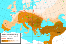 Spread of metalworking in Europe and the Near East, the darker areas are the historically older regions with metal production
