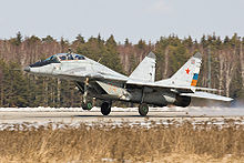 Soviet multi-purpose fighter aircraft Mikoyan-Gurevich MiG-29UB Fulcrum-B (two-seat training version, first flight: 1981) on landing