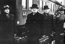 Return of the Finnish negotiating delegation from Moscow on 16 October 1939, with the head of the delegation Juho Kusti Paasikivi second from the left.