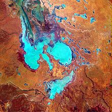 Una foto de satélite en falso color del lago Eyre de Australia Crédito de la imagen: Observatorio de la Tierra de la NASA