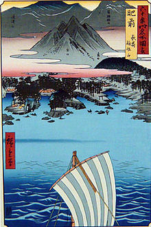 Ansicht der Provinz Hizen, Holzschnitt von Hiroshige, 1854-1856