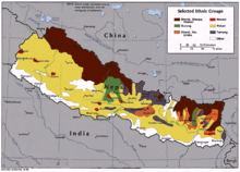 Khas, die auch Paharis (gelb) genannt werden, sind in ganz Nepal weit verbreitet