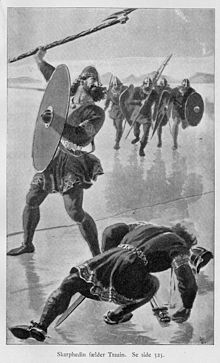 Putra Njáll, Skarp-Heðinn, membunuh Þráinn di atas es. Perseteruan keluarga sangat menonjol dalam kisah Njáls.