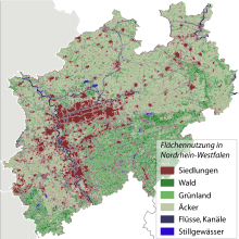 Settlement structure of North Rhine-Westphalia, centrally located the Rhine-Ruhr conurbation with Düsseldorf in the center