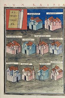 The forts under the command of the Dux Raetiae; representation from a medieval copy of the Notitia Dignitatum
