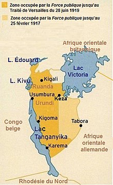 Mapa de las zonas de ocupación de la Force Publique en el África Oriental alemana entre el 19 de septiembre de 1916 y el 28 de junio de 1919.