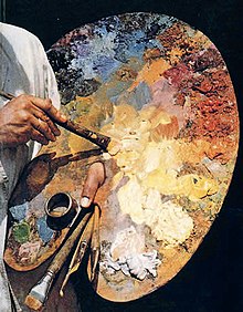 Mixing the oil paints on a palette