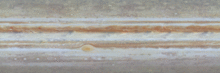 Une animation d'une partie du système nuageux de Jupiter. L'animation est constituée de plus de 40 photographies prises par la sonde Cassini entre le 31 octobre et le 9 novembre 2000.