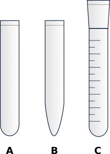 Different types of test tubes: (A) standard shape, (B) centrifuge tubes, and (C) graduated shape.