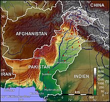 Dit is een kaart van Pakistan en Kasjmir, gezien vanuit de ruimte.  