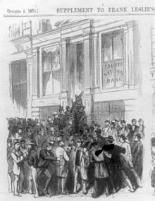 Přepadení Čtvrté národní banky na Nassau Street 20 v New Yorku, z Frank Leslie's Illustrated Newspaper, 4. října 1873.  