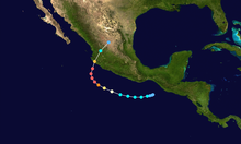 Hurricane Patricia's track - markings in 6-hour intervals, colour coding of SSHWS category according to wind speed