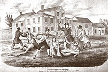 Masakr indiánů v Lancasteru, který provedli Paxton Boys v roce 1763, litografie publikovaná v knize Events in Indian History (John Wimer, 1841).