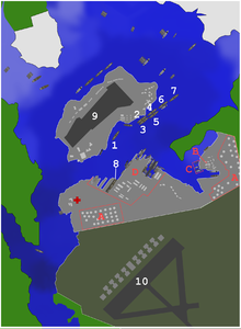 Onshore facilities: City Army Base Marine baseWater depths : <6,5 m ~9 m ~10 m ~11 m ~12 m > 15 maneuvered targets:1: USS California2 : USS Maryland3 : USS Oklahoma4 : USS Tennessee5 : USS West Virginia6 : USS Arizona7: USS Nevada8: USS Pennsylvania9: Ford Island NAS10: Hickam Fieldemphasized targets: A: Oil tanksB: CINCPAC HeadquartersC: Submarine baseD: Naval shipyard.