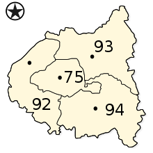 Departamentele din imediata apropiere a Parisului; numerele sunt cele din prima coloană.  