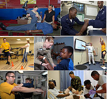 Physiotherapists working on patients with balance disorders and orthopaedic problems. Also shown in the picture: Assessment and testing of muscle function and stiffness, joint mobility, balance testing and gait assessment.