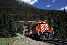 A CPR train leaving the lower of the two spiral tunnels