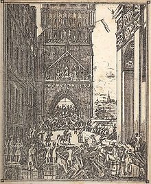 Whitsun Uprising in Prague, mid-June 1848: barricade fights at the bridge tower of the "Prague Bridge" (renamed Charles Bridge in 1870)