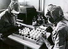 To arbejdere laver åbninger i hønseæg, mens de forbereder sig på at fremstille mæslingevacciner